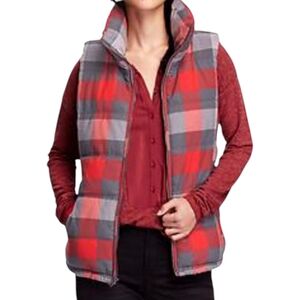 Old Navy Red Plaid Puffer Vest‎ XXL Fleece Lined Winter Layering Vest